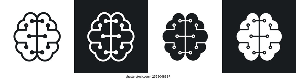 Machine learning icons pack in black and white filled and outlined versions.