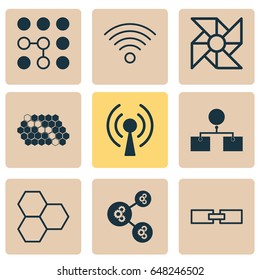 Machine Learning Icons Set. Collection Of Computing Problems, Radio Waves, Hive Pattern And Other Elements. Also Includes Symbols Such As Solution, Information, Linked.