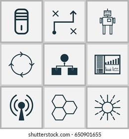 Machine Learning Icons Set. Collection Of Mainframe, Radio Waves, Recurring Program And Other Elements. Also Includes Symbols Such As Wi-Fi, Toy, Brightness.