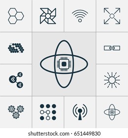 Machine Learning Icons Set. Collection Of Radio Waves, Algorithm Illustration, Laptop Ventilator And Other Elements. Also Includes Symbols Such As Cells, Gear, Brightness.