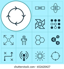 Machine Learning Icons Set. Collection Of Laptop Ventilator, Atomic Cpu, Radio Waves And Other Elements. Also Includes Symbols Such As Data, Loop, Robot.