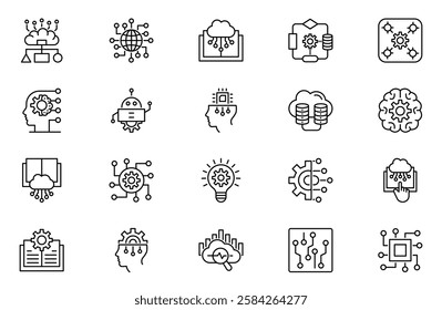 Machine learning icons set, such as artificial intelligence, digital business, automated system and more. Editable stroke.