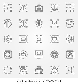 Ícones de aprendizado de máquina definidos. Inteligência artificial vetorial e outros símbolos conceituais tecnológicos ou elementos de design em estilo de linha fina