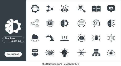 Machine Learning icons. A solid vector icon set related to machine learning and artificial intelligence.
