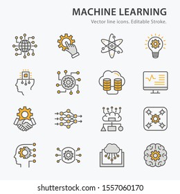 Machine learning icons, such as algorithm, artificial intelligence, digital business, automated system and more. Editable stroke.