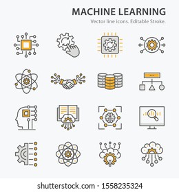 Machine learning icons, such as algorithm, artificial intelligence, digital business, automated system and more. Editable stroke.