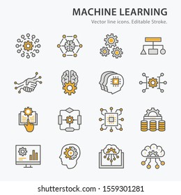 Machine learning icons, such as algorithm, artificial intelligence, digital business, automated system and more. Editable stroke.