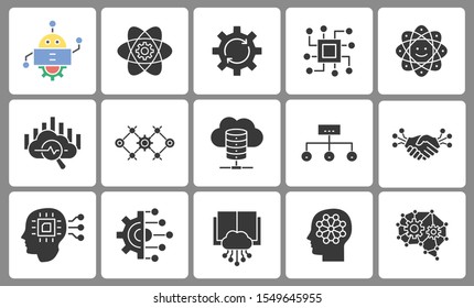 Machine learning icons, such as artificial intelligence, algorithm, automated system, robot