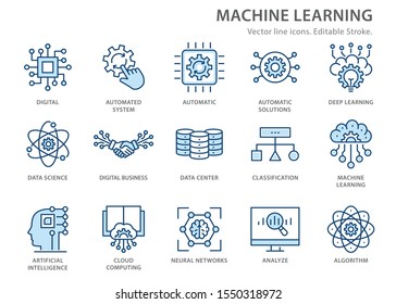 Machine learning icons, such as artificial intelligence, digital business, automated system and 
 more. Editable stroke.