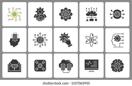 Machine learning icons, such as artificial intelligence, algorithm, automated system, robot