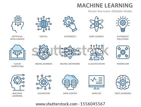 Machine learning icons, such as artificial intelligence, digital business, automated system and more. Editable stroke.