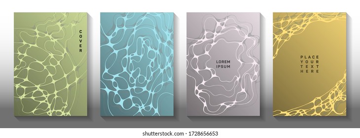 Machine learning idea abstract vector covers. Dynamic waves ripple backgrounds. Stylish magazine vector layouts. Radiology cover pages graphic design set.
