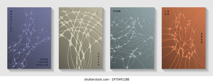 Machine learning idea abstract vector covers. Crossed curve lines plexus backgrounds. Delicate title page vector layouts. Science fiction cover pages graphic design set.