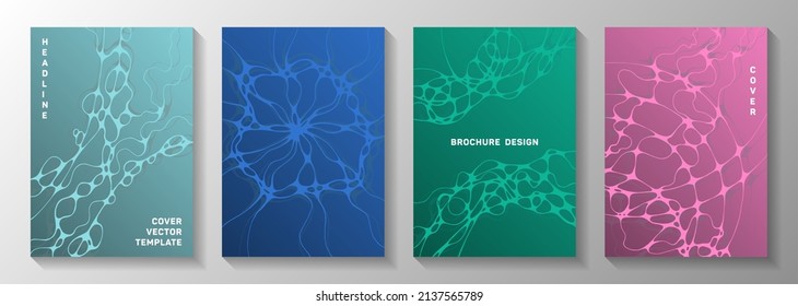 Machine learning idea abstract vector covers. Crossed curve lines pattern textures. Subtle magazine vector layouts. Science fiction cover pages graphic design set.
