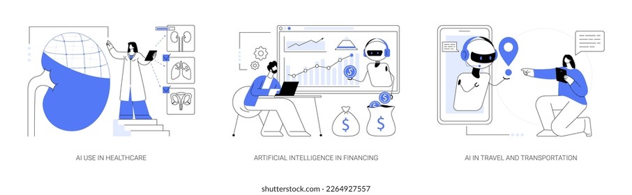 Machine learning in industry abstract concept vector illustration set. AI use in healthcare and financing, artificial intelligence in travel and transportation, smart booking abstract metaphor.