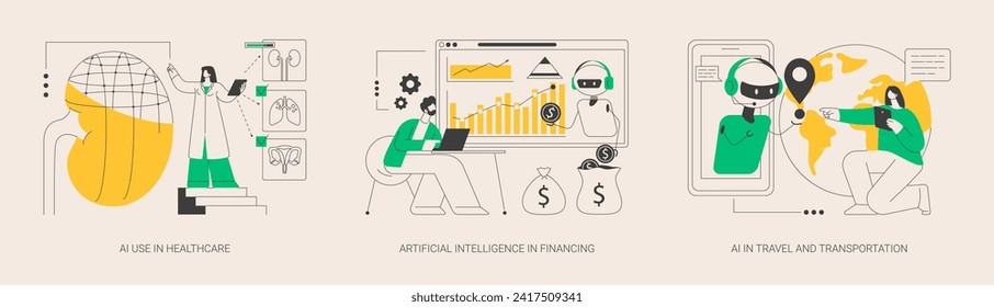 Machine learning in industry abstract concept vector illustration set. AI use in healthcare and financing, artificial intelligence in travel and transportation, smart booking abstract metaphor.