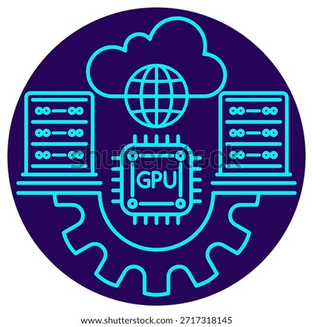 Machine Learning Infrastructure and Computing Icon. Minimalistic neon outline on a dark blue round background. A stylish vector illustration of a central GPU chip connecting to server stacks, with a large processing gear below and a cloud-global network above, symbolizing the high-performance computing foundation for AI, scalable deep learning model training, and global ML operations