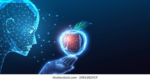 Machine learning, intelligent technology futuristic concept. AI head gazes at hand holding apple. Knowledge, innovation. Glowing low polygonal style on blue background. Abstract vector illustration