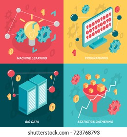 Machine learning isometric 2x2 design concept with colorful images of computer display network enclosure conceptual icons vector illustration