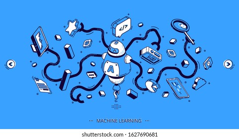 Machine learning isometric banner, artificial intelligence science, computer algorithm. Octopus robot with many hands hold gadgets, attributes for business and study. 3d vector illustration, line art