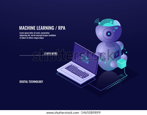 機械学習 アイソメアイコン ロボットプロセス自動化rpa 人工知能ai ニューラルネットワーク ロボット付きノートパソコン 3dベクター画像 のベクター画像素材 ロイヤリティフリー