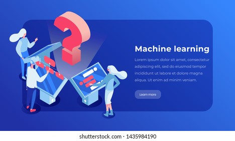 Machine learning isometric landing page template. People working with digital display, women and man looking for information, website vector layout. AI 3d concept illustration