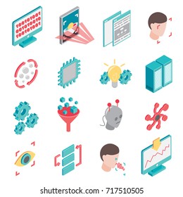 Machine learning isometric set of isolated icons with computer gear and robotic elements of neuron network vector illustration