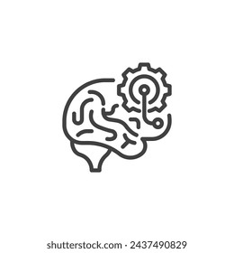 Icono de línea de aprendizaje automático. signo de estilo lineal para concepto móvil y diseño web. Engranaje girando dentro de un icono de vector de contorno cerebral. Símbolo, ilustración del logotipo. Gráficos vectoriales