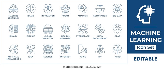 Machine learning line icon set featuring AI, neural networks, deep learning, data analytics, pattern recognition, predictive modeling, automation, and smart algorithms.
