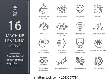 Machine Learning Line Icons. Set Of Artificial Intelligence, Digital Business, Automated System And More. Editable Stroke.