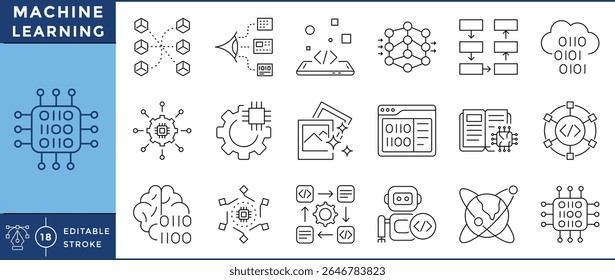 Machine Learning Line Icons Set | AI, Algorithms, and Data Science | Editable Stroke