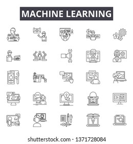 Machine learning line icons, signs set, vector. Machine learning outline concept, illustration: learning,intelligence,artificial,science,technology,machine,brain,concept,network