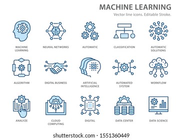 Machine learning line icons, such as artificial intelligence, digital business, automated system and more. Editable stroke.