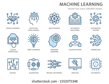 Machine learning line icons, such as artificial intelligence, digital business, automated system and more. Editable stroke.