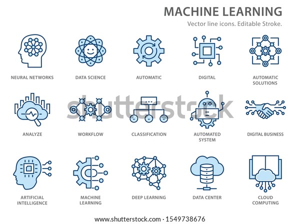 Machine learning line icons, such as artificial\
intelligence, digital business, automated system and more. Editable\
stroke.