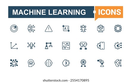 Machine Learning line web icon set. Includes icons for algorithm, ai, robots, autonomous, machine and more. Simple line vector. Vector outline and solid icons collection.