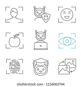 Machine learning linear icons set. Artificial intelligence. Chatbot, face, retina, fingerprint identification. Thin line contour symbols. Isolated vector outline illustrations. Editable stroke