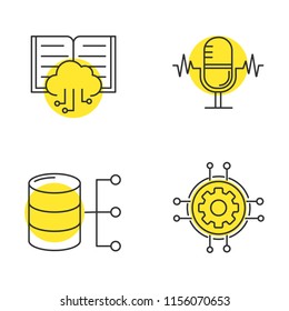 Machine learning linear icons set. Voice recognition, cloud computing, relational database, digital settings. Thin line contour symbols with yellow circles. Isolated vector outline illustrations