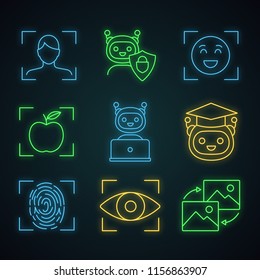 Machine learning neon light icons set. Artificial intelligence. Chatbot, face, retina, fingerprint identification. Glowing signs. Vector isolated illustrations