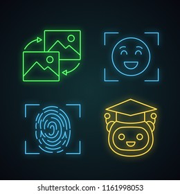 Machine learning neon light icons set. Data transforming, emotion detection, fingerprint identification, teacher bot. Glowing signs. Vector isolated illustrations