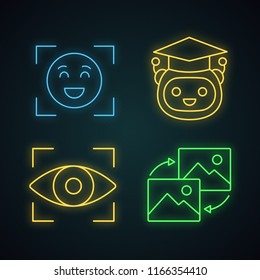 Machine learning neon light icons set. Emotion detection, teacher bot, retina scan, data transforming. Glowing signs. Vector isolated illustrations