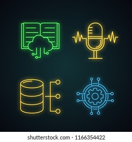Machine learning neon light icons set. Voice recognition, cloud computing, relational database, digital settings. Glowing signs. Vector isolated illustrations