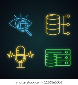 Machine learning neon light icons set. Retina scan, relational database, voice recognition, server. Glowing signs. Vector isolated illustrations