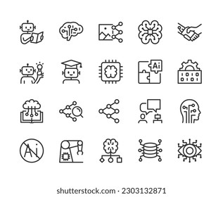 Machine learning, neural networks, icon set. Bot, artificial intelligence. Learning algorithms on a database, linear icons. Applications in spheres of life and activities. Line with editable stroke