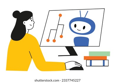 Machine learning online courses, female student studying artificial intelligence, communicating with robot on screen, AI training hand drawn composition, distant education concept, vector illustration