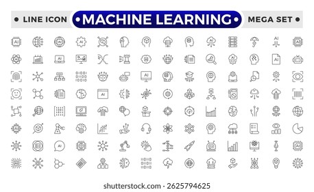 Ícone do outline do Machine Learning. Ícones de tecnologia de IA para aplicativos móveis e da Web. Aprendizagem de máquina, tecnologia de IA digital, algoritmo, robótica inteligente, rede de computação em nuvem.
