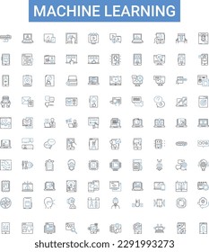 machine learning outline icons collection. machine, learning, AI, neural, networks, algorithm, data vector illustration set. prediction,supervised,unsupervised line signs