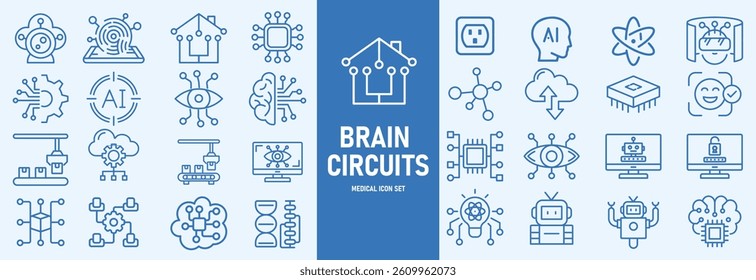 Machine learning outline icons set vector illustrator. AI, data analysis, algorithms, data, automation, learning, science, networks and more.