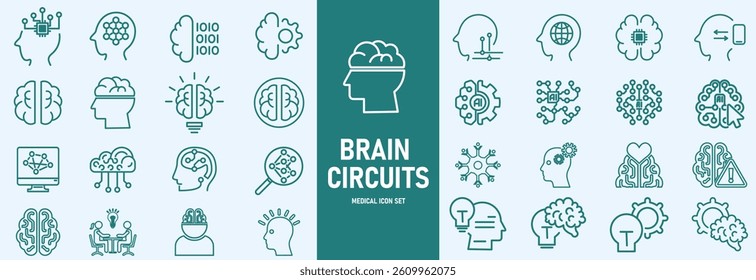 Machine learning outline icons set vector illustrator. AI, data analysis, algorithms, data, automation, learning, science, networks and more.