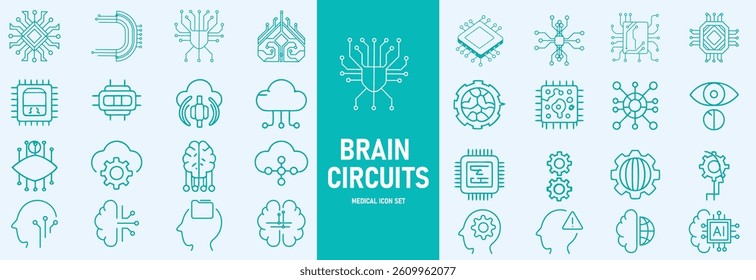 Machine learning outline icons set vector illustrator. AI, data analysis, algorithms, data, automation, learning, science, networks and more.